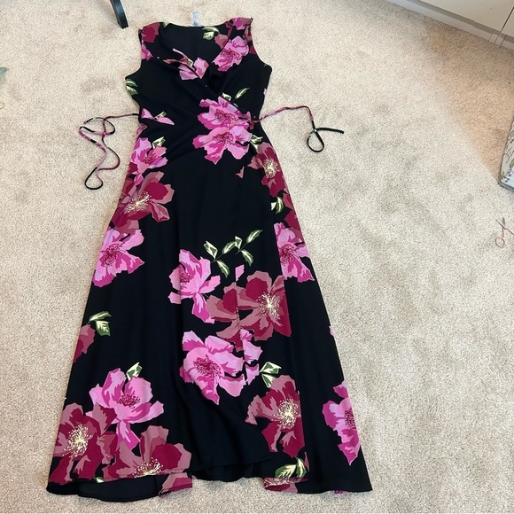 Leith black pink floral flower Ruffle Detail Sleeveless V-neck wrap Dress Sz S - Picture 9 of 15